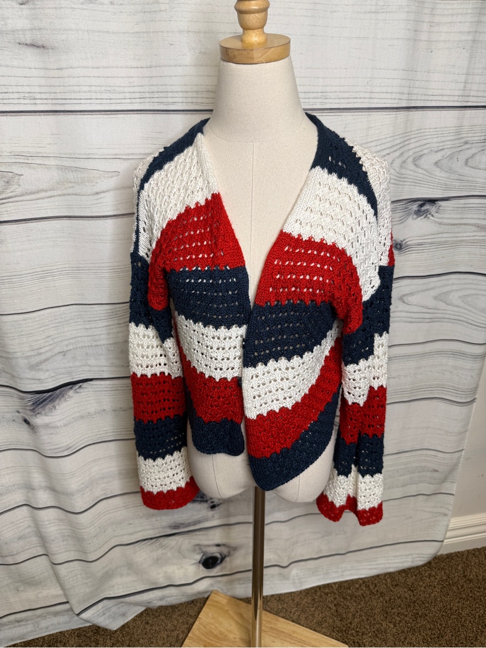 32 Degrees Striped Open-Front Crochet Cardigan - Red, White, Navy
